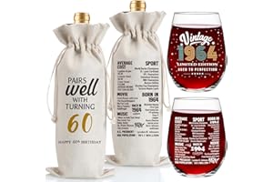 Jettryran 60th Birthday Gifts for Women Men 60 Years Old Birthday Gifts 60th Birthday Anniversary Decorations Party Supplies- Vintage 1964- Wine Glass &Bottle Gift Bag Set- Turning 60- W004