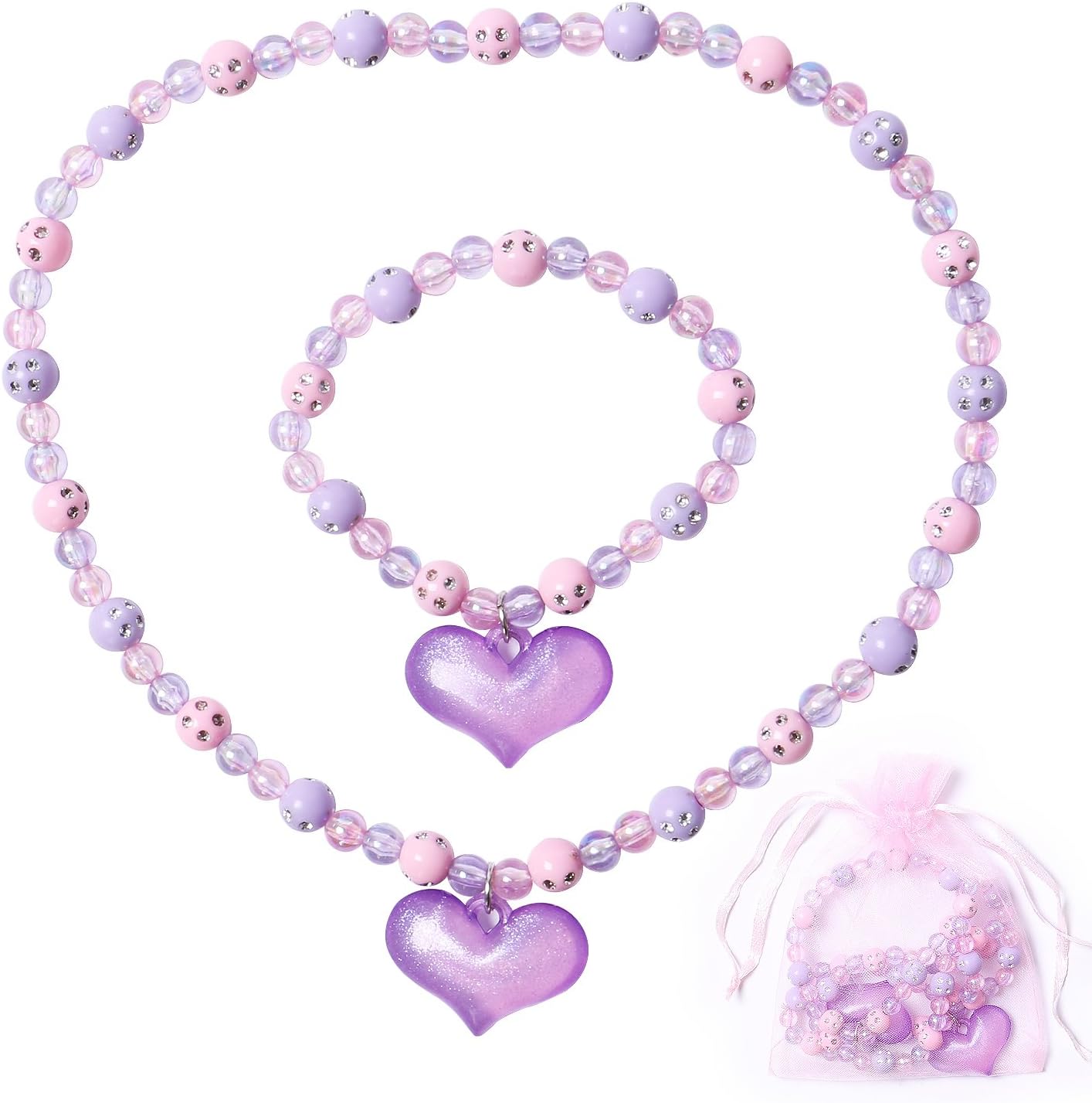 Maelovebunny Little Girls Necklace Bracelet Love Heart Necklace and Bracelet Set Toddler Play Pretend Dress Up
