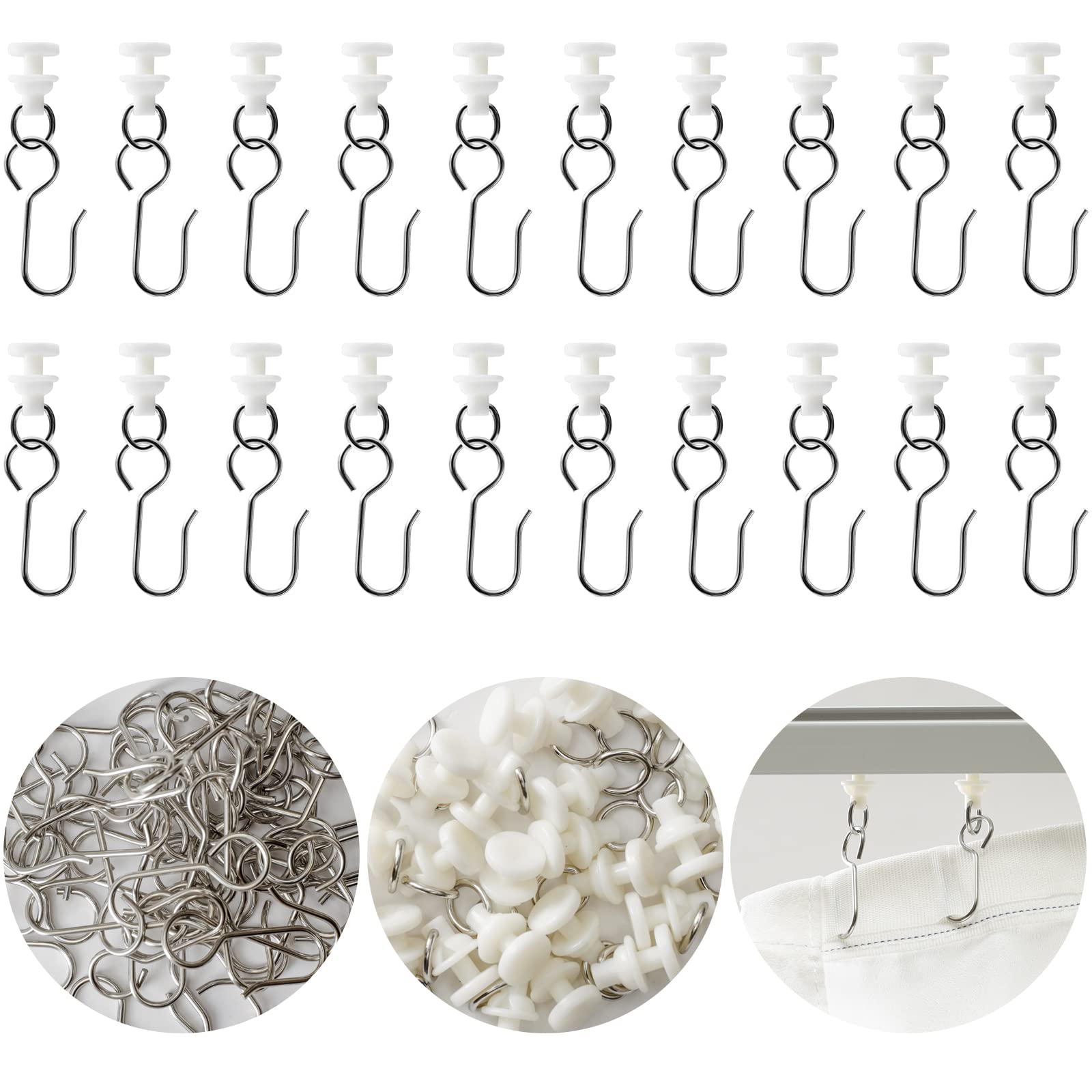 Curtain Hook and Glider Set, 50 Pcs Each for Tracks and Rails, Stainless Steel Shower Curtain Hooks and Gliders for Door, Window and Bathroom