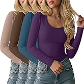 Ficerd 4 Pack Women's Scoop Neck T-Shirts Long Sleeve Cotton Slim Fit Tops Stretchy Tight Casual Basic Layering Shirts Tees(Grape Purple, Denim Blue, Khaki, Dark Coffee,X-Large)