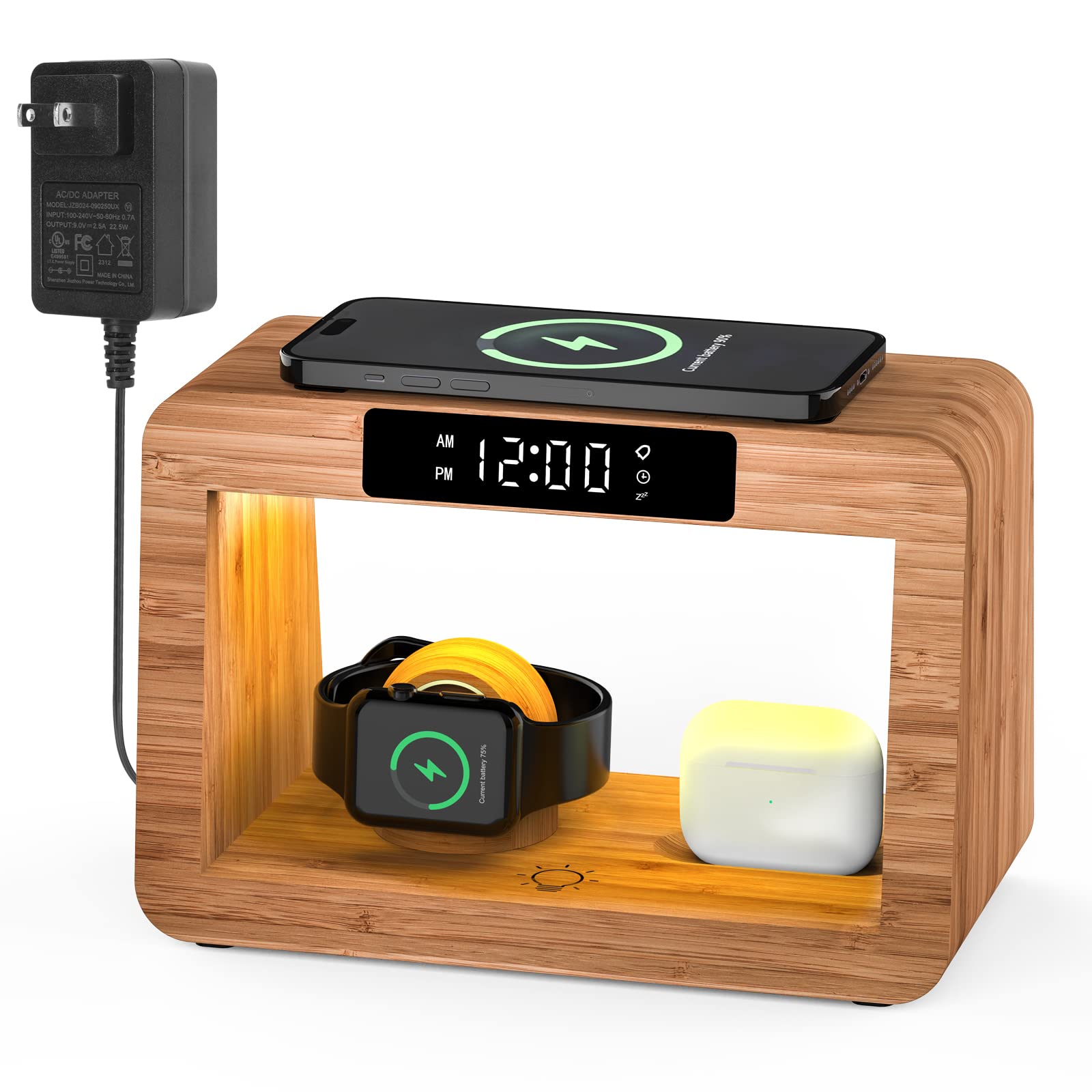 Photo 1 of Bamboo Wireless Charging Station, Night Light with Digital Alarm Clock, Nightstand Charging Station for Apple Devices, Fast Wireless Charger for iPhone/Apple Watch/AirPods Pro