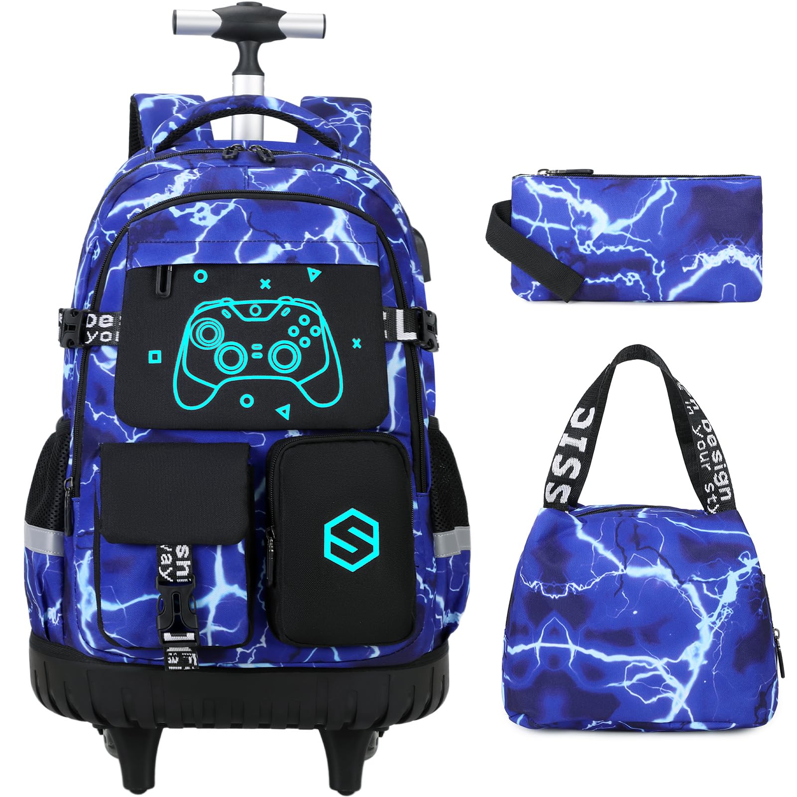 Photo 1 of Scothen Rolling Backpack for Boys, Cool Luminous Gamer Roller School Backpacks for Boys with Lunch Bag and Pencil Pouch, Kids Backpack Bookbag with Wheels for Kindergarten Elementary Middle School