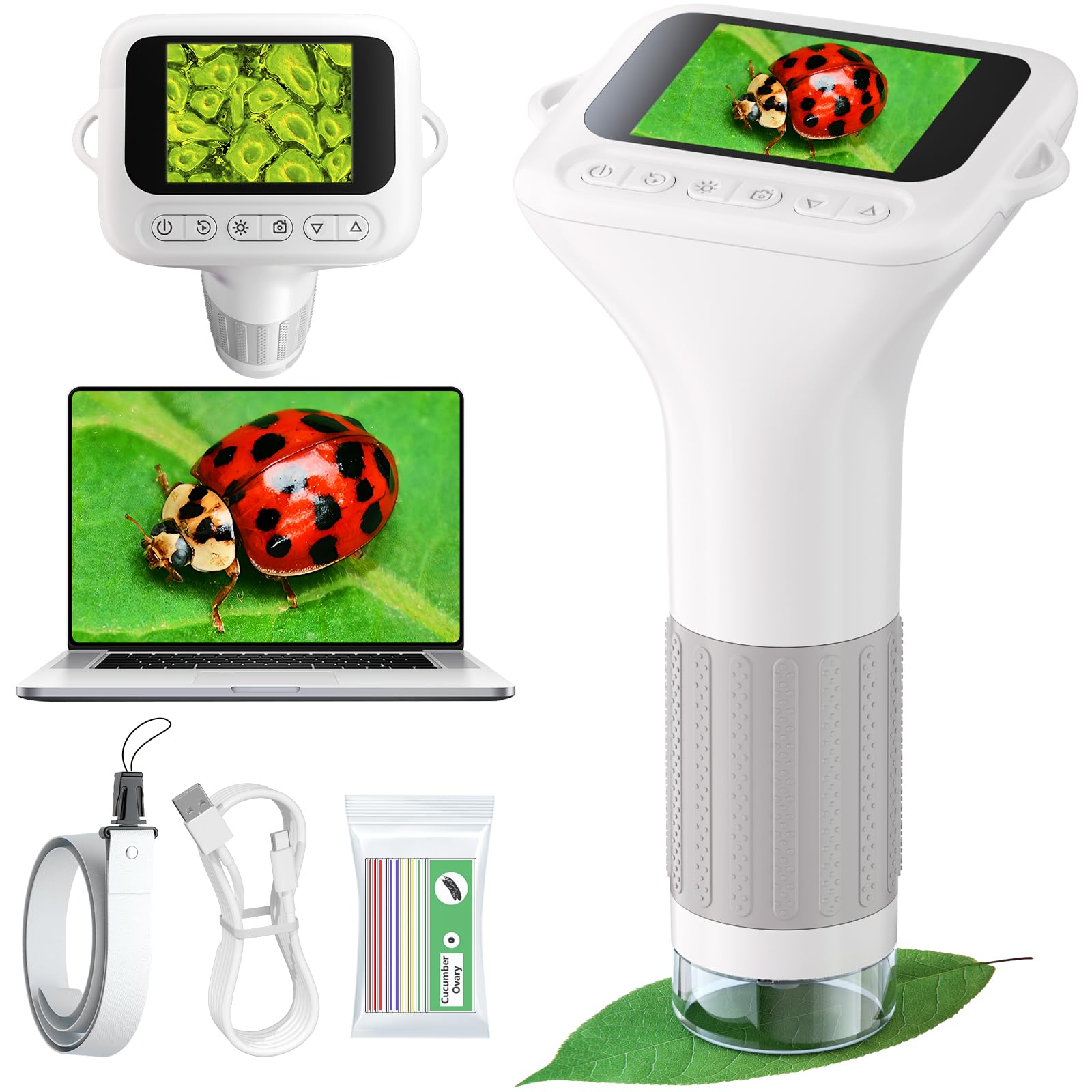 Odatay Microscope for Kids with 12 Slides, 100X-1000X 1080P Digital Handheld Kids Microscope, Mini Portable Pocket Miniscope Science Toys Gifts for 3+ 4 5 6 7 8 9 10 11 12 Year Old Boys Girls, White
