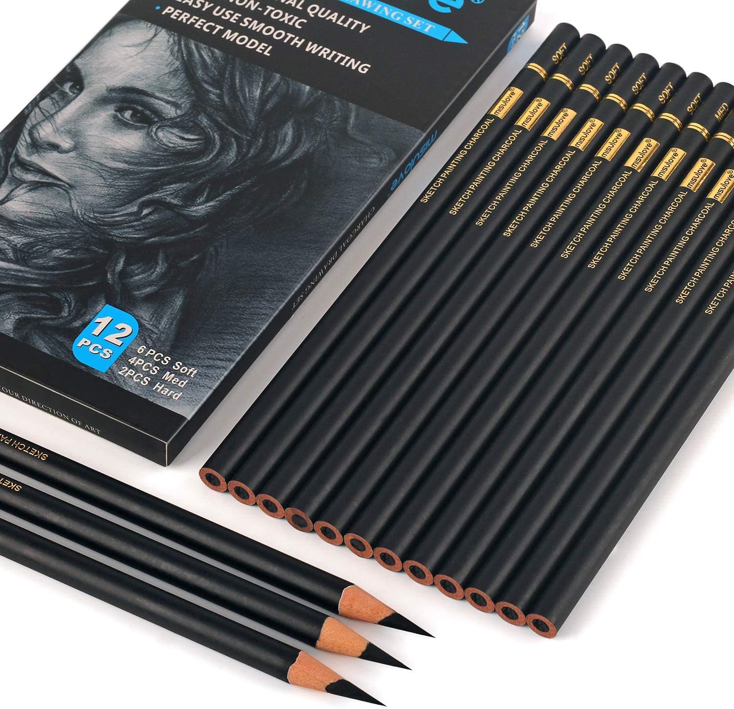 MISULOVE Professional Charcoal Pencils Drawing Set - 12 Pieces Soft, Medium & Hard Charcoal Pencils for Drawing, Sketching, Shading, Ideal Artist Pencils for Beginners & Artists : Office Products