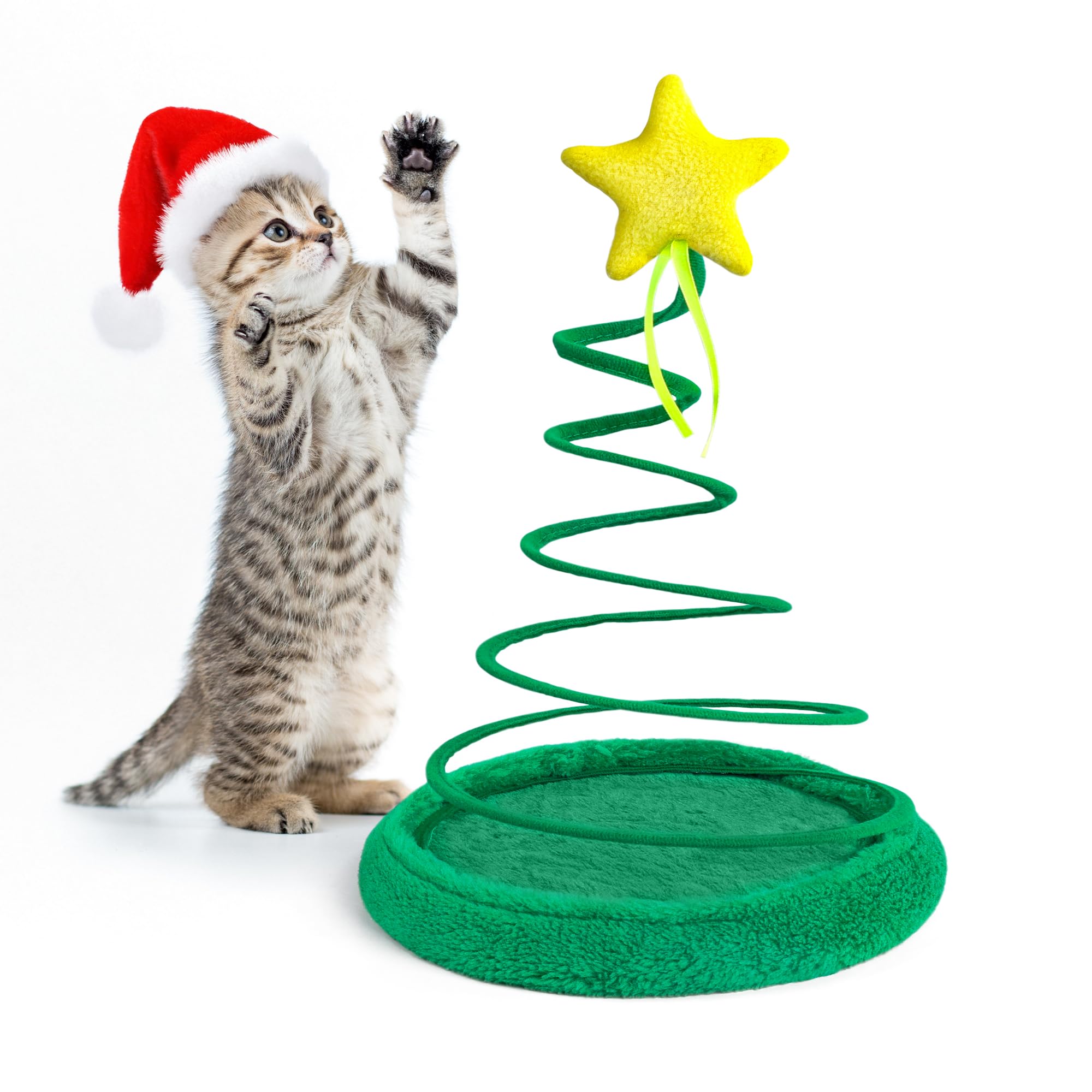 PAWISE Cat Christmas Tree Toy, Cat Teasing Toys for Indoor, Interactive Cat Toy, Kitty Plush Toy with Spiral Spring Plate, for Cats