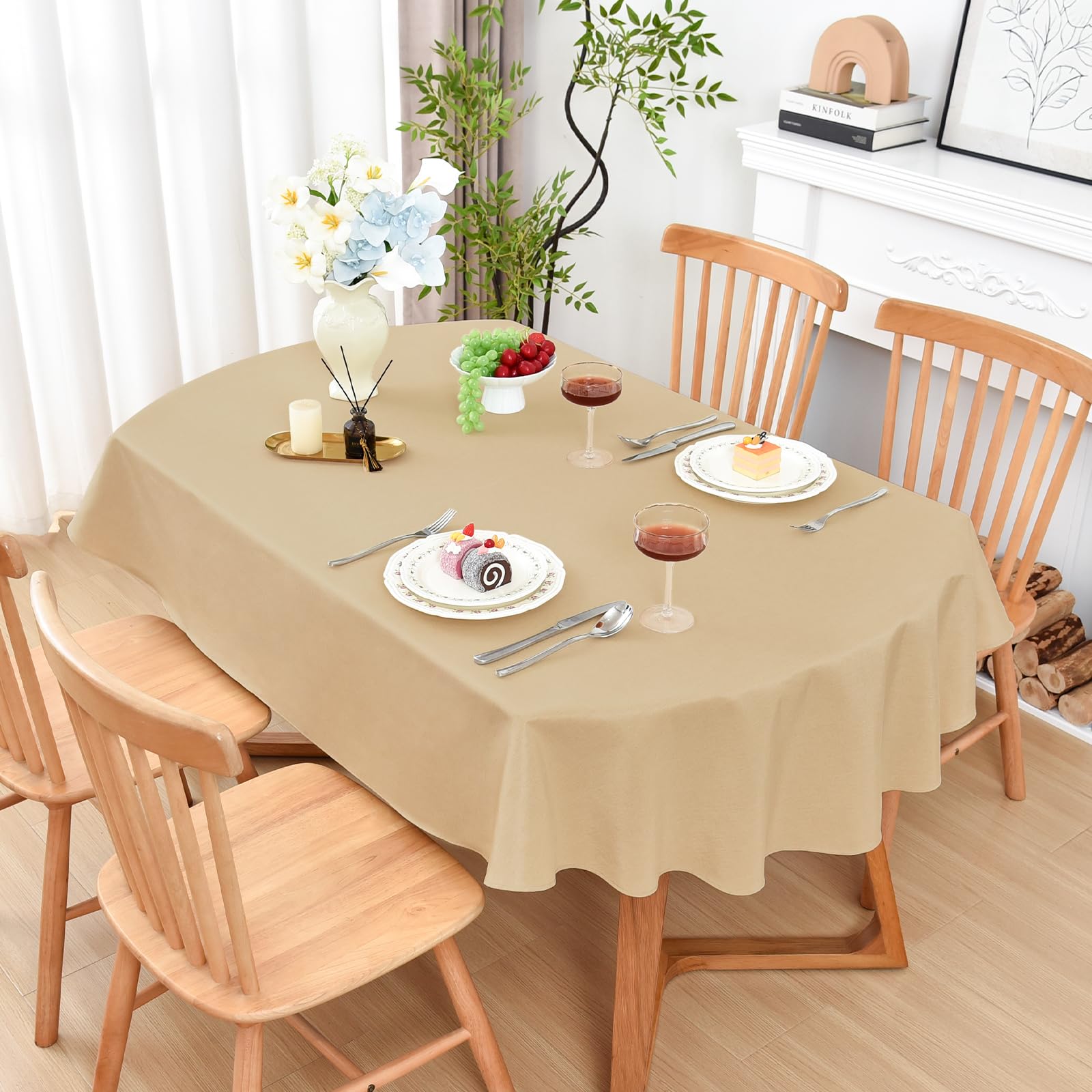 Condition photo showing New/Like New for wolkemer oval tablecloth 60 x 102 inches faux linen water resistant | farmhouse polyester tablecloths, washable wipeable table cover for home, kitchen, dining, wedding, party (beige) beige 102" x 60" (oval)