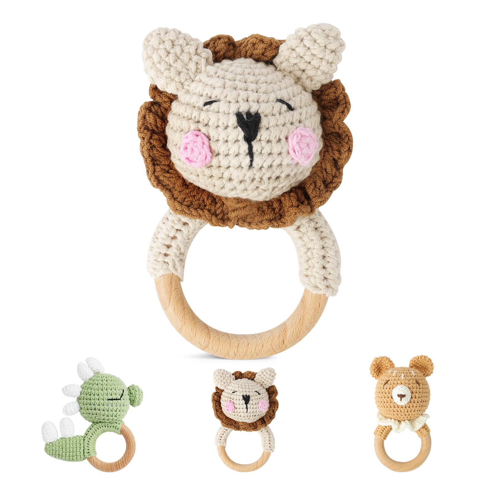 Vicloon Wooden Baby Rattle, Crochet Animals Soft Rattle Sensory Toys, Handmade Rattle for Newborn Gift, Baby Toys for Toddler 0-12 Months (Lion) — image 1