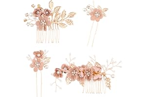ARALUKY 4Pcs Wedding Hair Clip Comb Pearl Flower Bride Hair Accessories Bridal Hair Side Comb Clips Rhinestone Hair Pin Handmade Fashion Hair Comb Set Crystal Head Pieces for Bridesmaids Women and Girls(Pink)