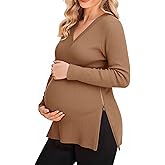 MARI GABRIEL Womens Maternity Tunic Sweater Zipper Split Side for Breastfeeding V Neck Ribbed Knit Sweatshirt Top