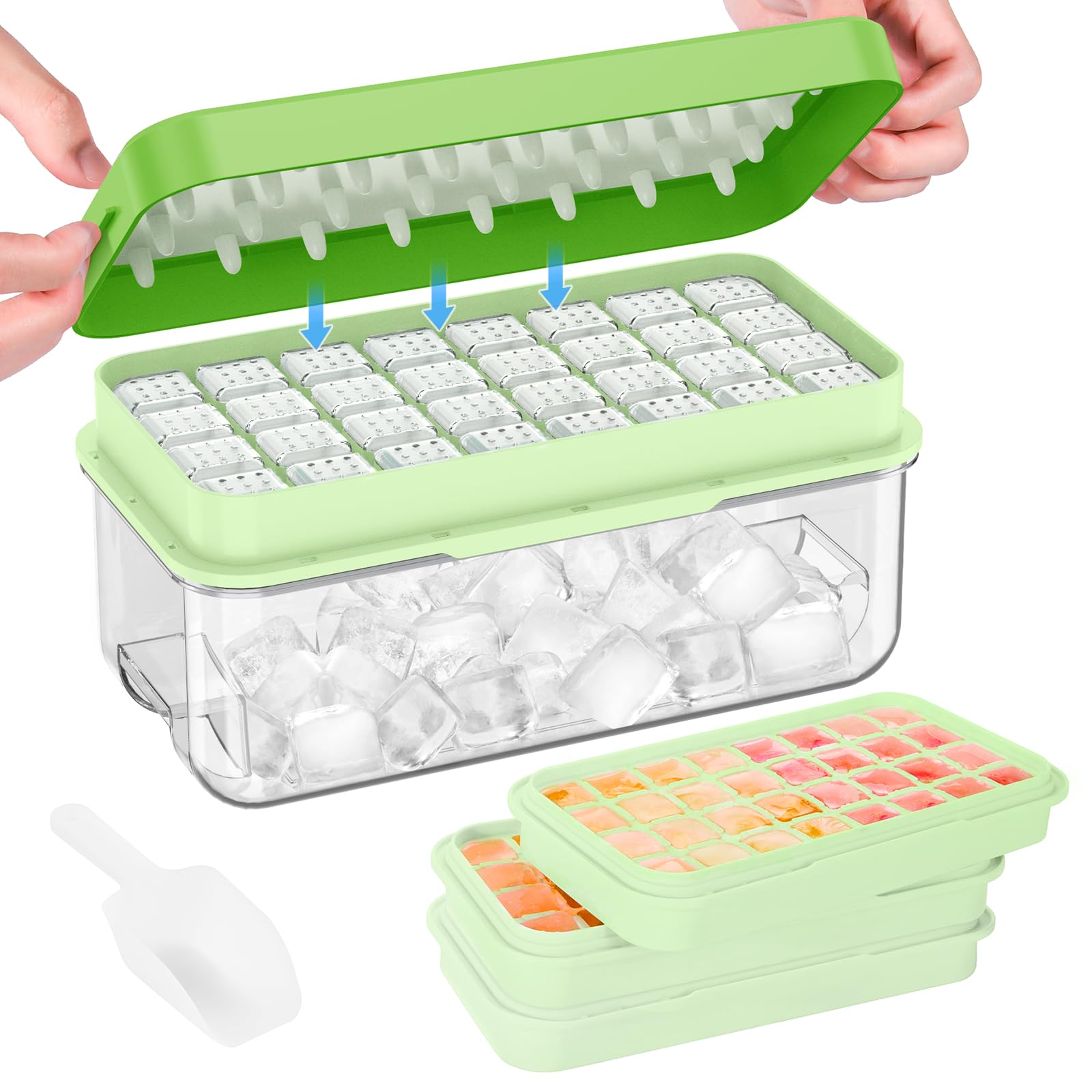 Photo 1 of PHINOX Ice Cube Tray with Lid and Bin, 3 Pack Plastic Ice Cube Tray Molds, 96(4 * 8 * 3) pcs Ice Trays for freezer, Chilling Drinks, Whiskey & Cocktails, with Ice Container and Ice Scoop, BPA-Free