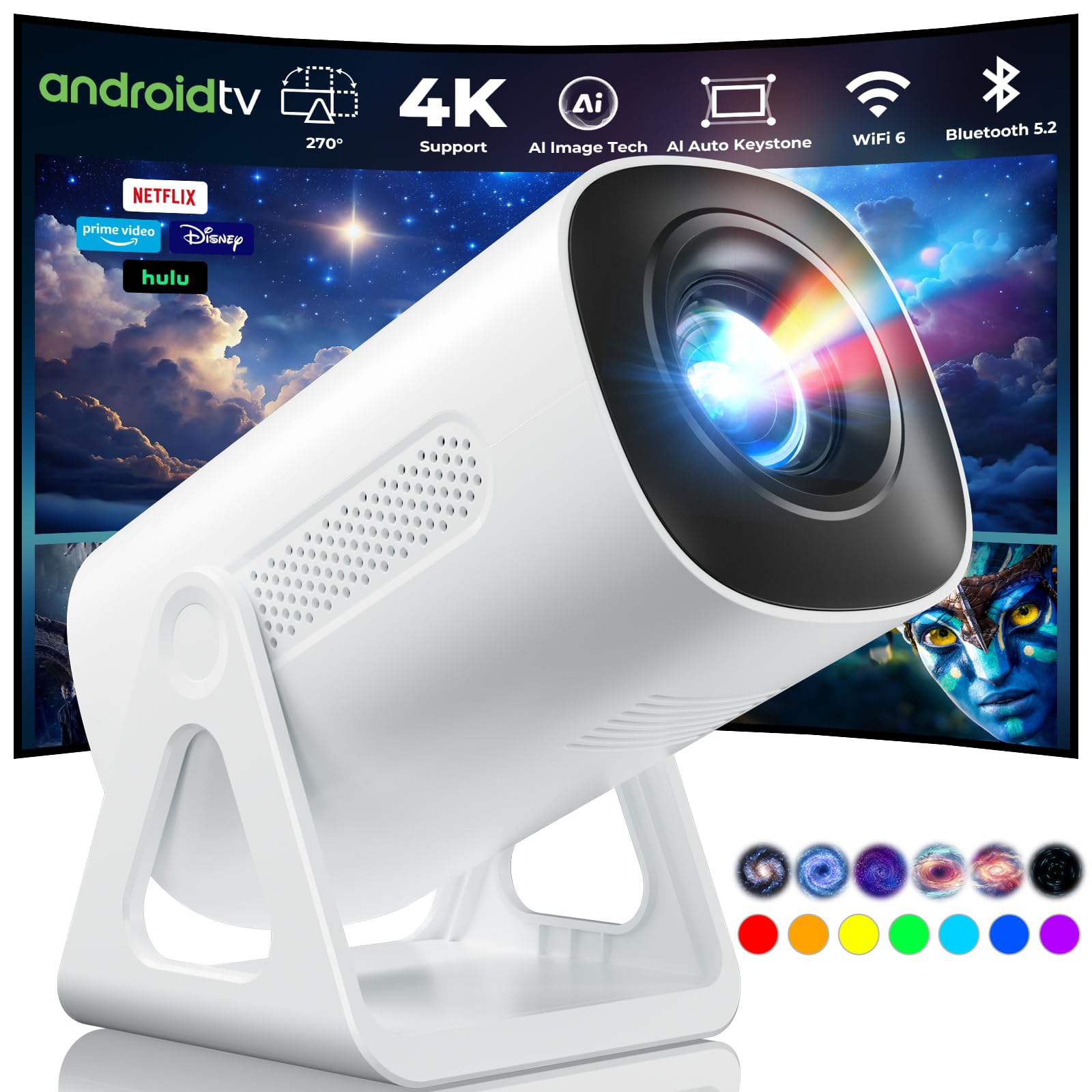 Photo 1 of TransarJect Portable WiFi and Bluetooth Projector - 4K 1080P Supported Mini Movie Projector, 270°Adjustable Stand Outdoor Home Theater Star Projector with Ambient Light for Phone TV Stick Laptop
