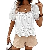 SweatyRocks Women's Square Neck Puff Sleeve Eyelet Lace Hollow Out Embroidered Top Blouse