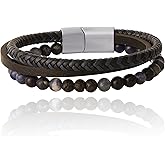 Lucky Brand 3-Row Blue Bracelet for Men 8.5", Stainless Steel Braided and Bead Bracelet