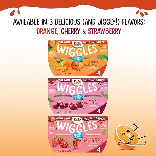 DOLE WIGGLES NO SUGAR ADDED ORANGE FRUIT JUICE GELS SNACKS, 4.3OZ 4 TOTAL CUPS, GLUTEN & DAIRY FREE, BULK LUNCH SNACKS FOR KIDS & ADULTS