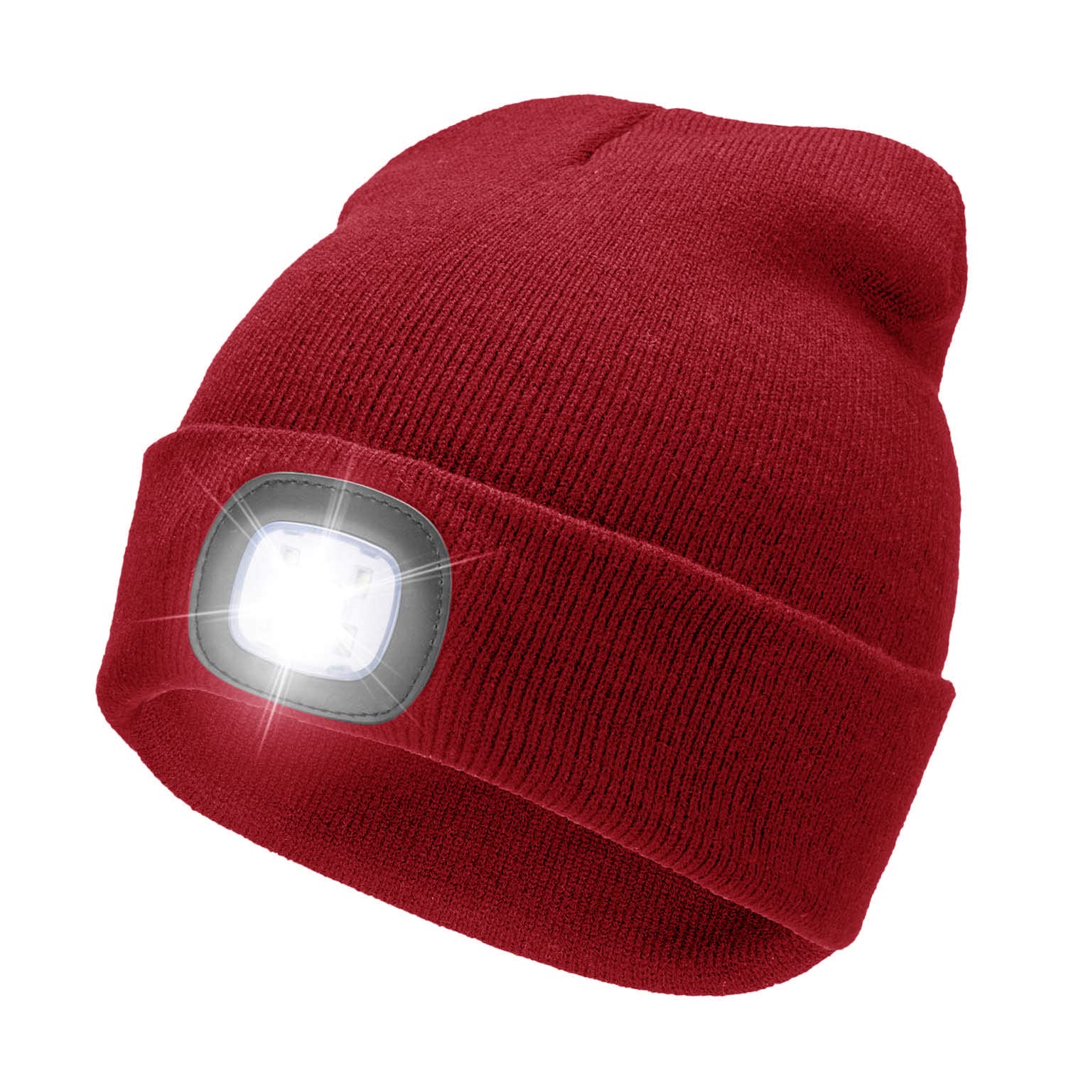 RFWIN LED Lighted Beanie Hat, USB Rechargeable 4 LED Headlamp, Red Knitted Hat Cap with Light Headlight Torch Hat for Night Cycling, Running