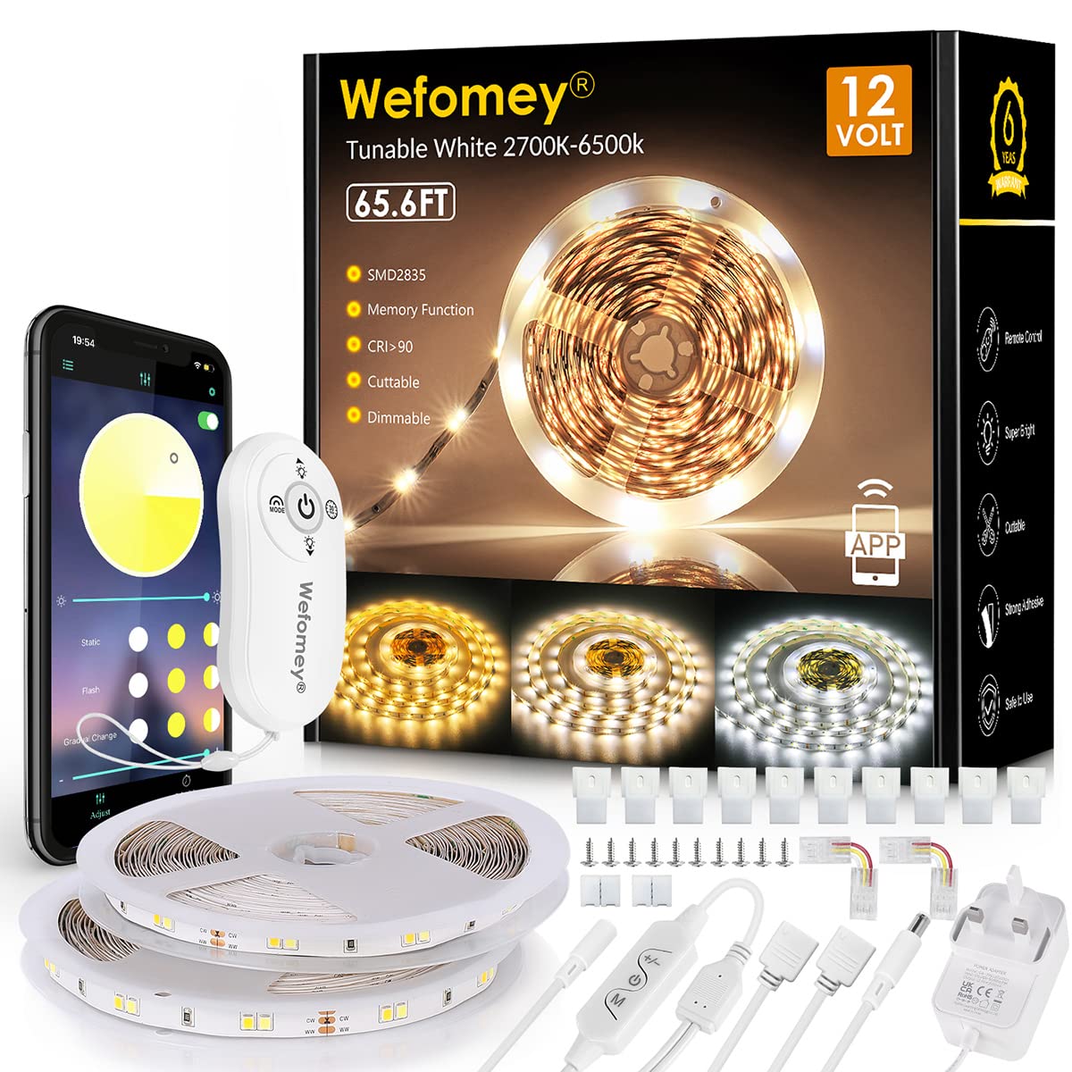 Wefomey White LED Strip Light 20M 1200 LEDs, 7200lm Dimmable 12V Tape Light with App Control Remote, Stick on LED Light for Kitchen, Bedroom, Ceiling (2700K-6500K Warm to Cool Tunable White) — image 1