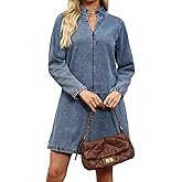 EZAPINE Womens Denim Shirt Dress Stand Collar Long Sleeve Mini Casual Jean Dresses