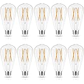 GvvooHome LED Edison Bulbs Dimmable, E26 Bulb 60 watt Equivalent, Soft White 2700K, ST58 Vintage Light Bulbs, 90+ CRI, 6W 600LM, E26 Medium Base, Clear Glass, 10 Pack