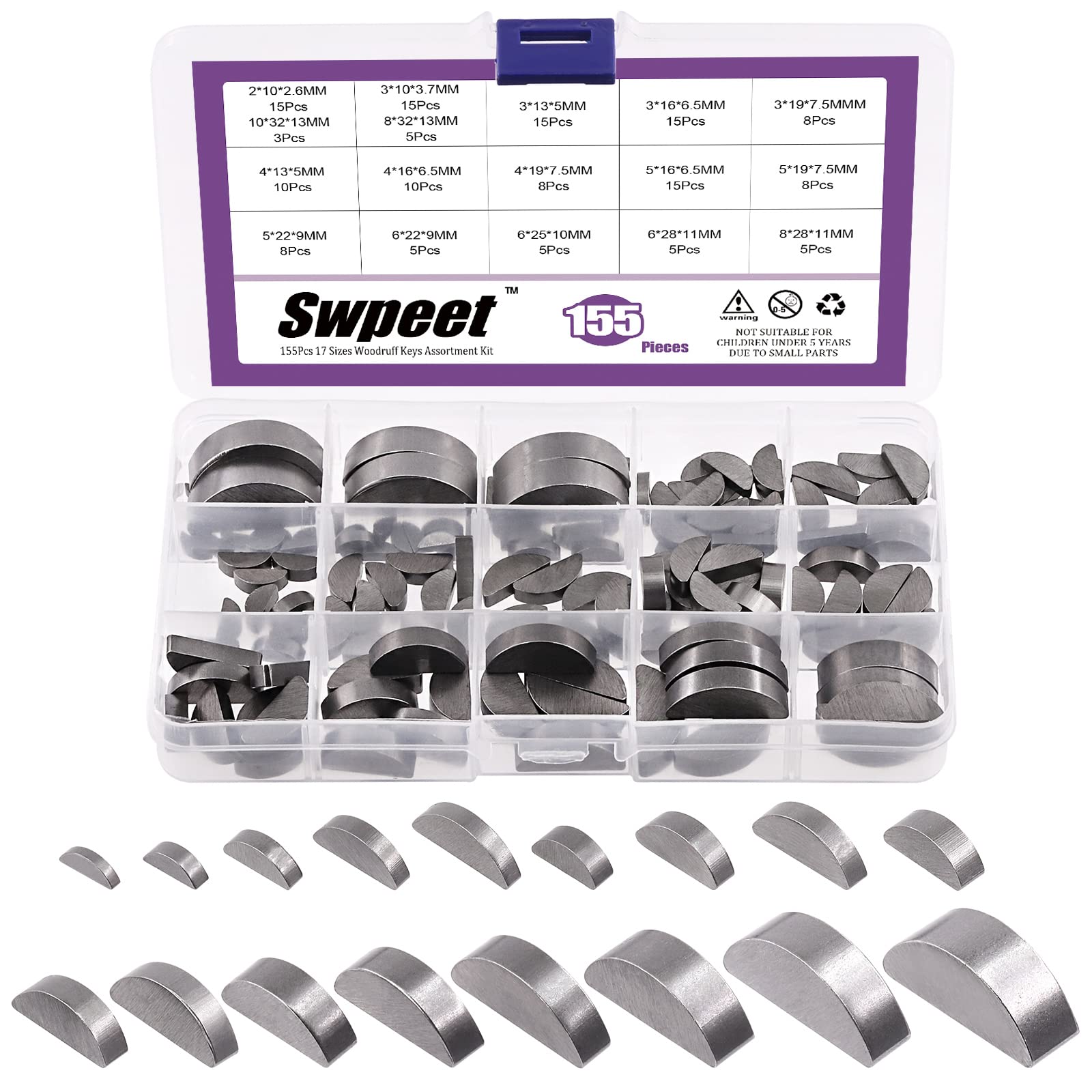 Swpeet 155Pcs 17 Sizes 2mm 3mm 4mm 5mm 6mm 8mm 10mm 12mm Woodruff Keys Half Moon Semicircle Bond Key Hardware Metric Assortment Kit for Fasteners Mechanical Industry