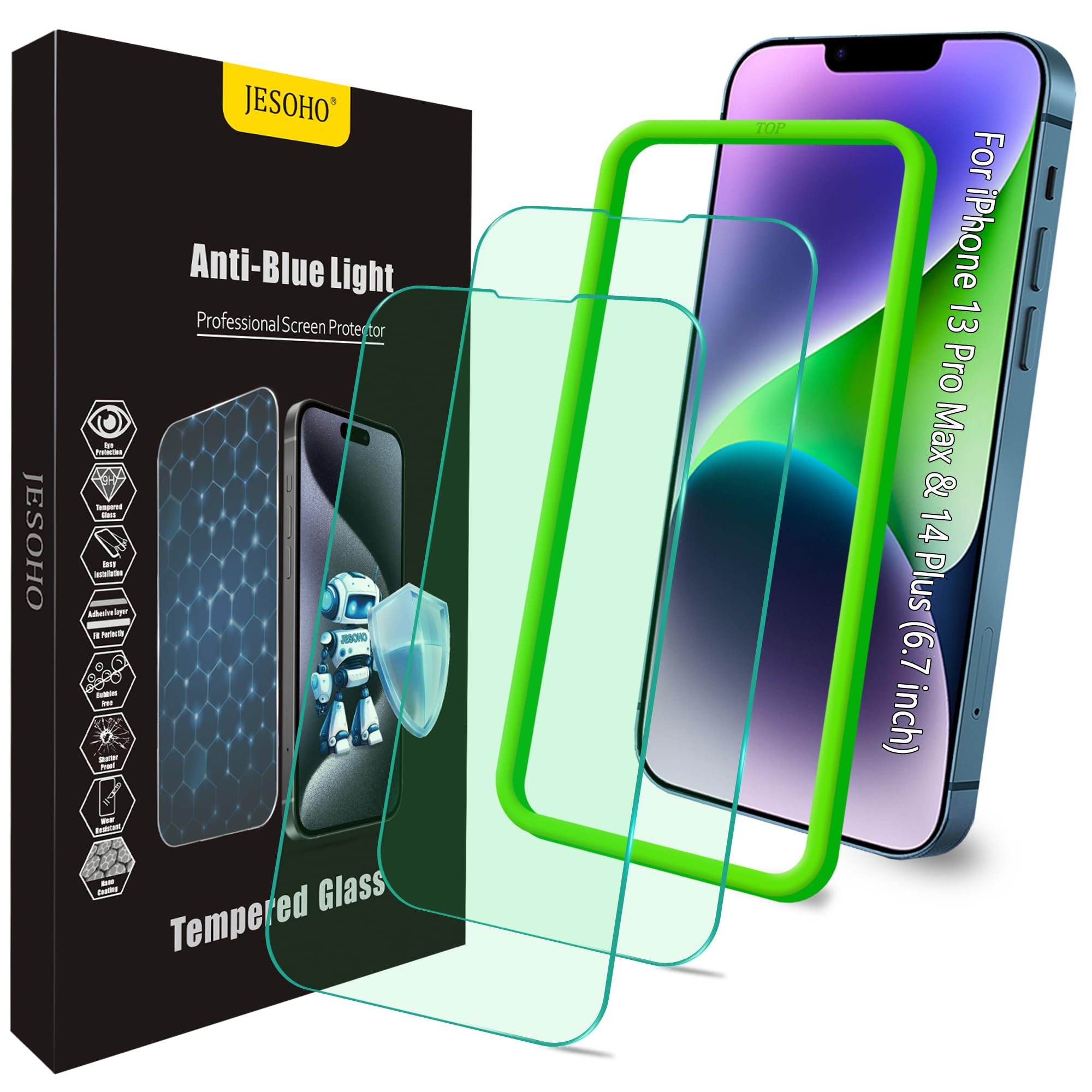Photo 1 of JESOHO Blue Light Screen Protector for iPhone 13 Pro Max & iPhone 14 Plus (6.7''), Eye Protection Tempered Glass Film, Scratch-Resistant, No Bubble with Easy Installation Kit, 2 Pack