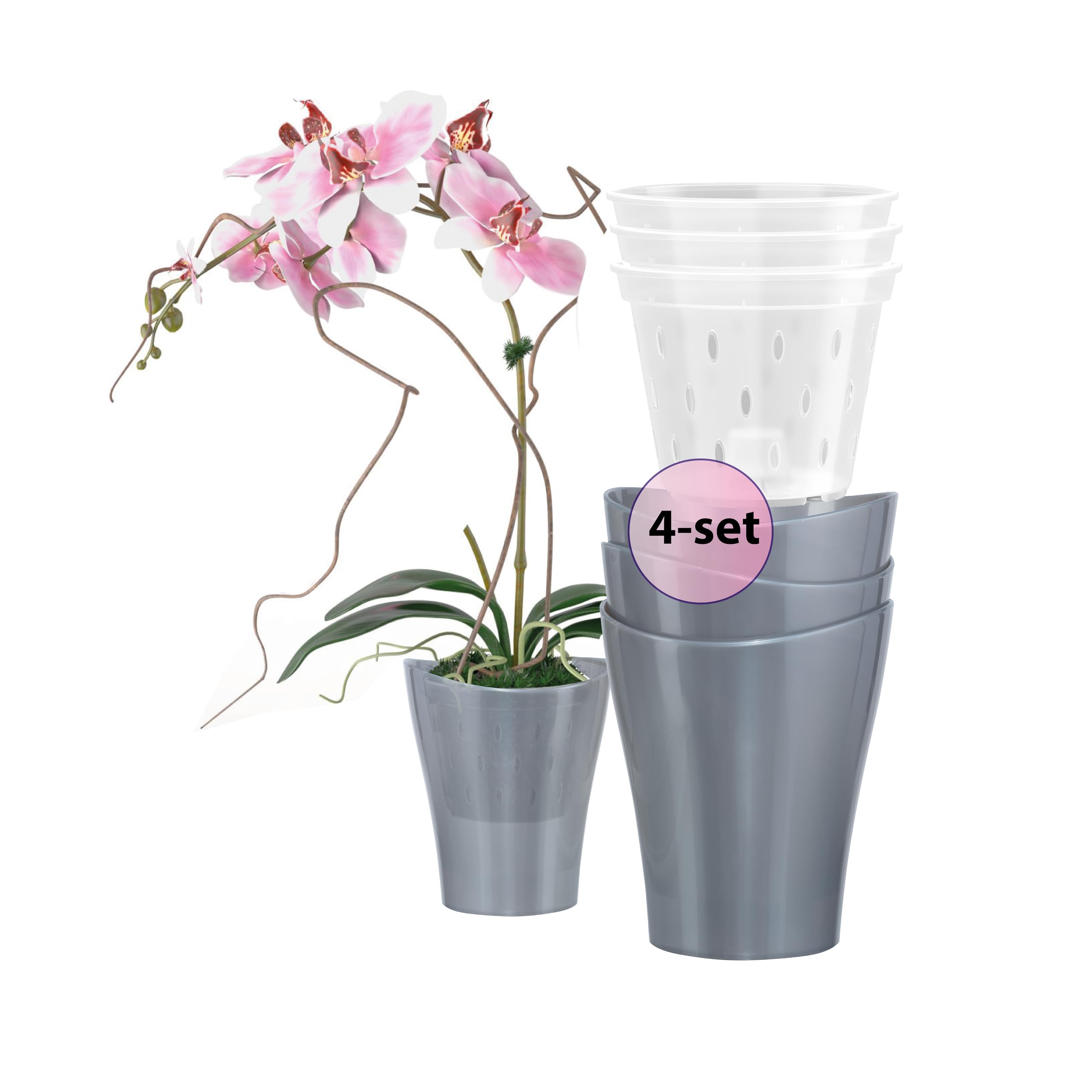 Garten lux Orchid Pots Anthracite, Set of 4 2L Ø16 cm with Set of 4 Orchid Pots, Drainage Hole, Transparent Plastic 1L Ø14 cm for Indoor Use