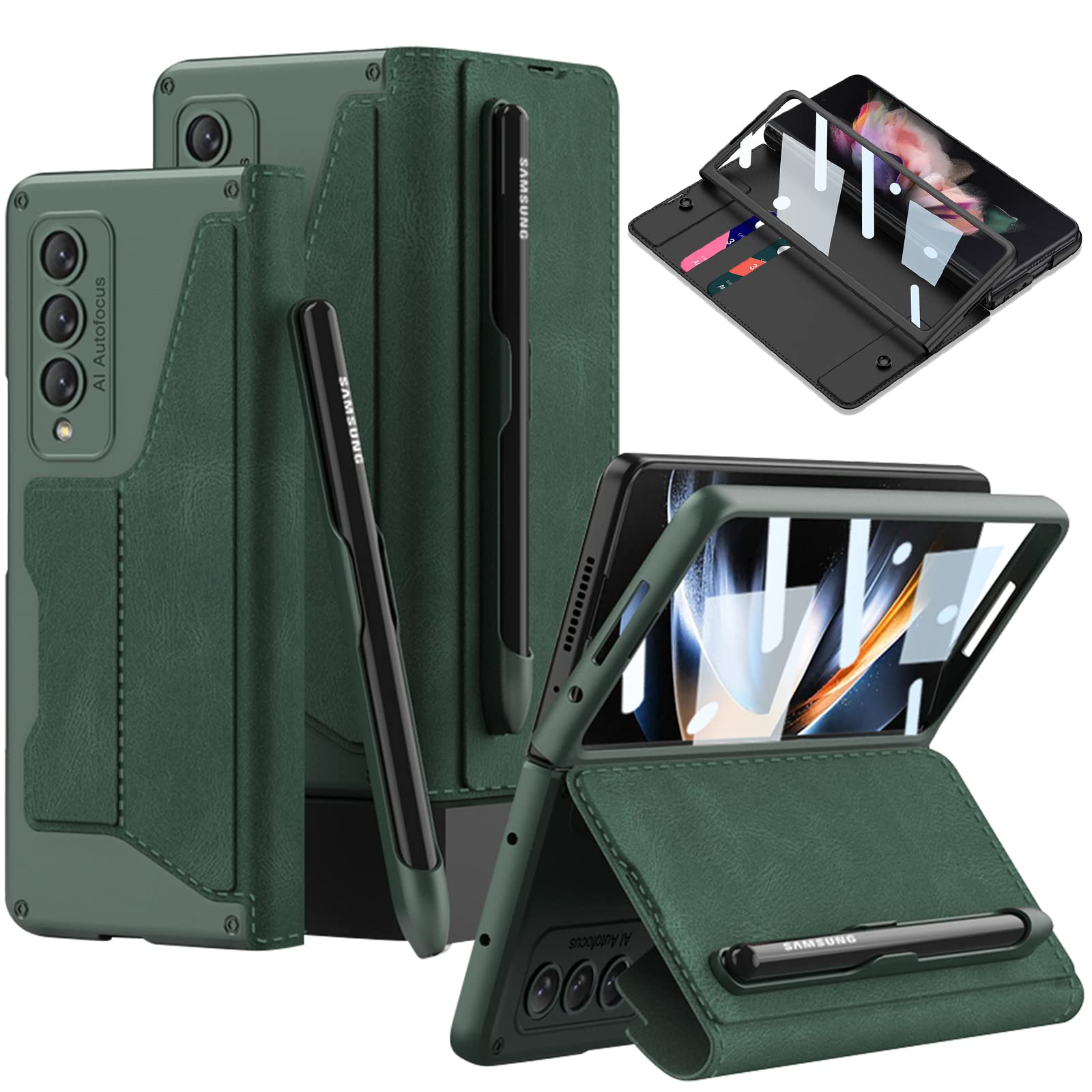 Photo 1 of DEMCERT for Samsung Galaxy Z Fold 4 5G with S Pen Slot,Military Armor Cases Full Body Protective Anti-Scratch Hard Slim Leather Bracket Case with Screen Protector for Galaxy Z Fold 4 5G (Green)