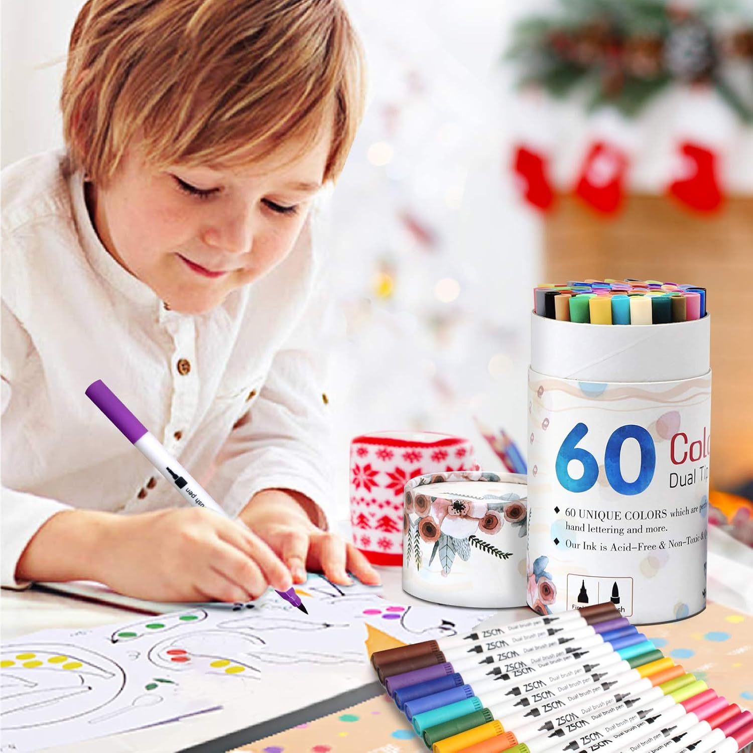 ZSCM Dual Brush Pens Art Markers, 60 Colors Adult Coloring Books Drawing Colored Pens Fine Point Water Based Markers, for Kids School Supplies Note Taking Bullet Journal Sketching