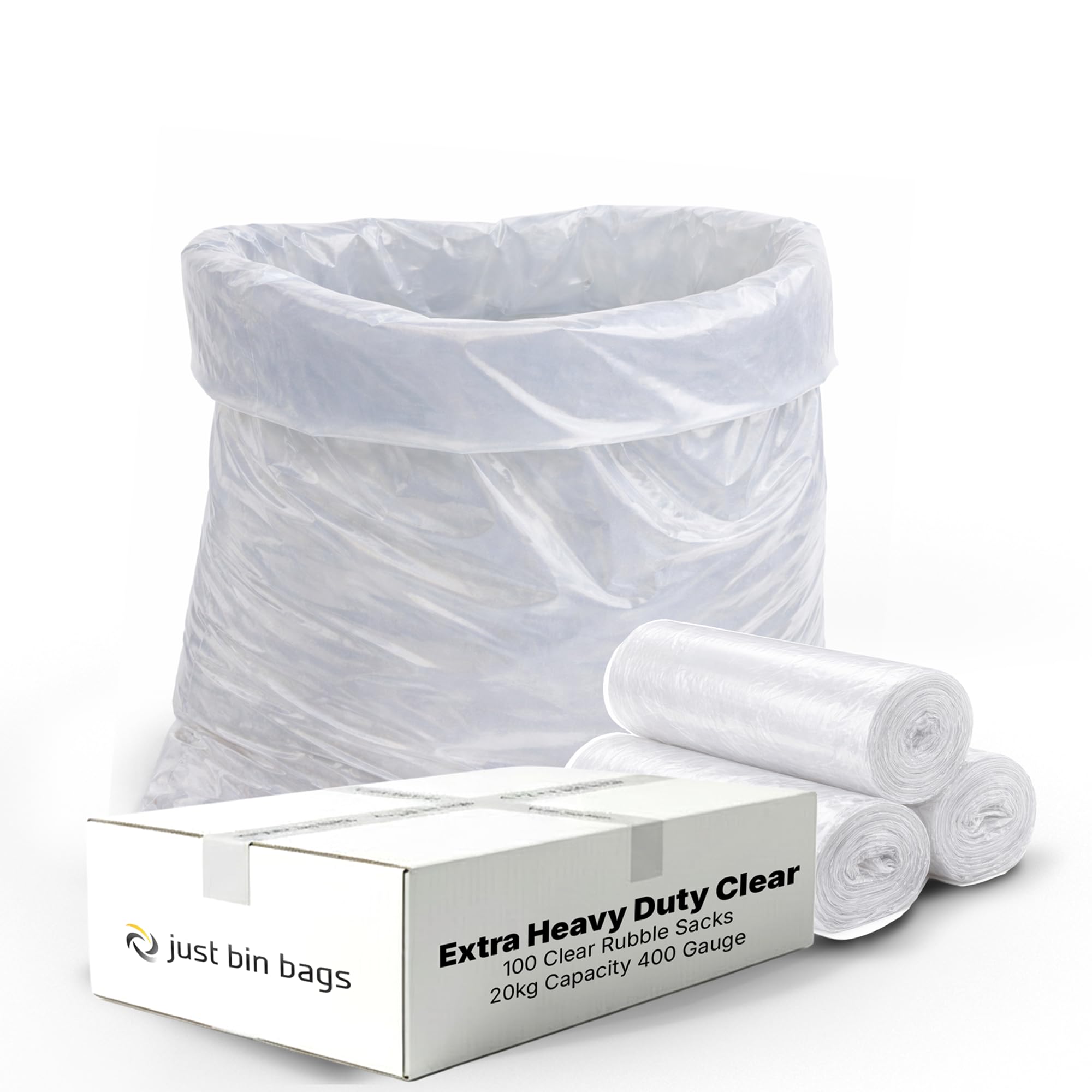 100 x Extra Heavy-Duty Clear Rubble Sacks | 100 Micron Transparent Builders Bags | 20kg Capacity | For Construction, Skip Loading & Waste Inspection – Just Bin Bags
