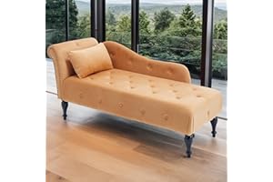 Linyuanwai Chaise Lounge Chair Indoor, Upholstered Velvet Lounge Sofa Buttons Tufted Nailhead Trimmed with Rolled Arm and 1 Pillow Modern Leisure Recliner Sleep Sofa for Living Room Bedroom (Orange)