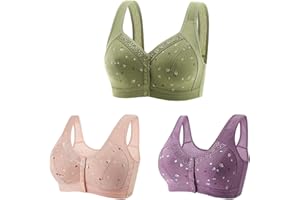 LMDUDAN 3Pack Middle-Aged Elder Woman Floral Wirefree Bra Front Button Closeure Soft Cotton Bra for Mom Grandma Gift Bras