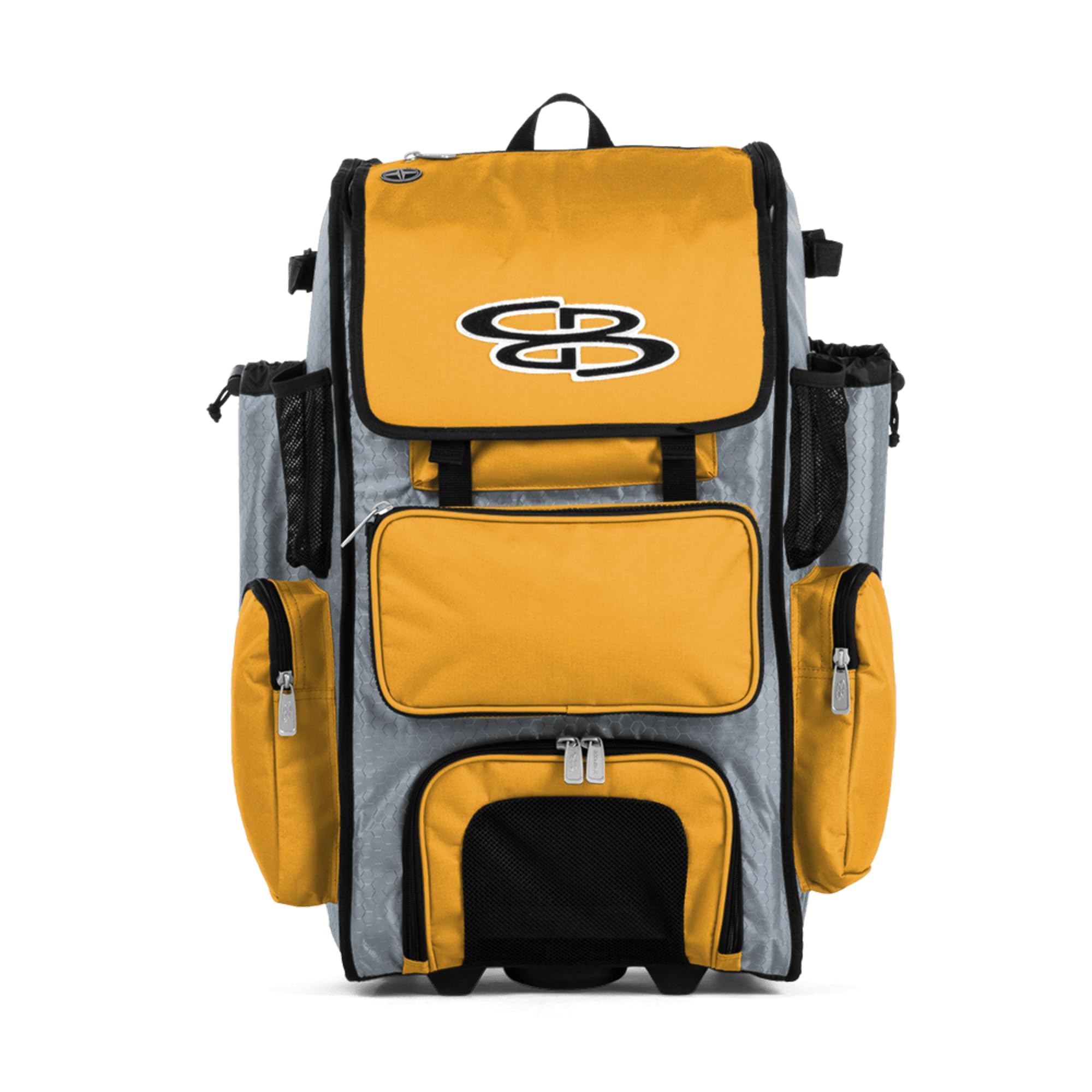 Boombah Rolling Superpack Baseball/Softball Gear Bag - 23-1/2" x 13-1/2" x 9-1/2" - Gray/Gold - Telescopic Handle - Holds 4 Bats - Wheeled Version Image