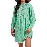 LYANER Women's Floral Print V Neck Patchwork Ruched A Line Long Sleeve Loose Boho Mini Dress