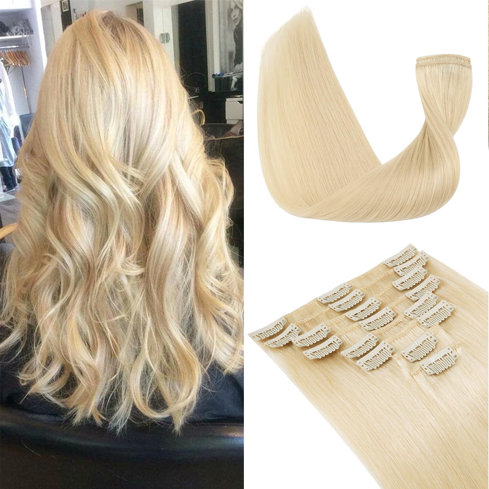 Elailite Clip in Hair Extensions Real Hair Blonde Natural Human Hair - 8 Pieces (Thin Weft) Straight - #613 Bleach Blonde - 10 Inch (50 g) — image 1