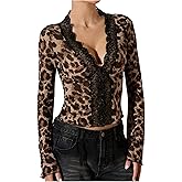 Floerns Women's Y2K Leopard Print Floral Lace Blouse Bell Sleeve V Neck Dressy Shirts