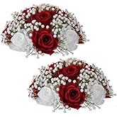 BLOSMON Fake Flowers Ball Wedding Centerpieces 2 Pcs Crimson Rose Babys Breath Artificial Flowers Center Pieces Decoration for Table Silk Kissing Floral Bouquet Arrangements for Home Party DIY Decor