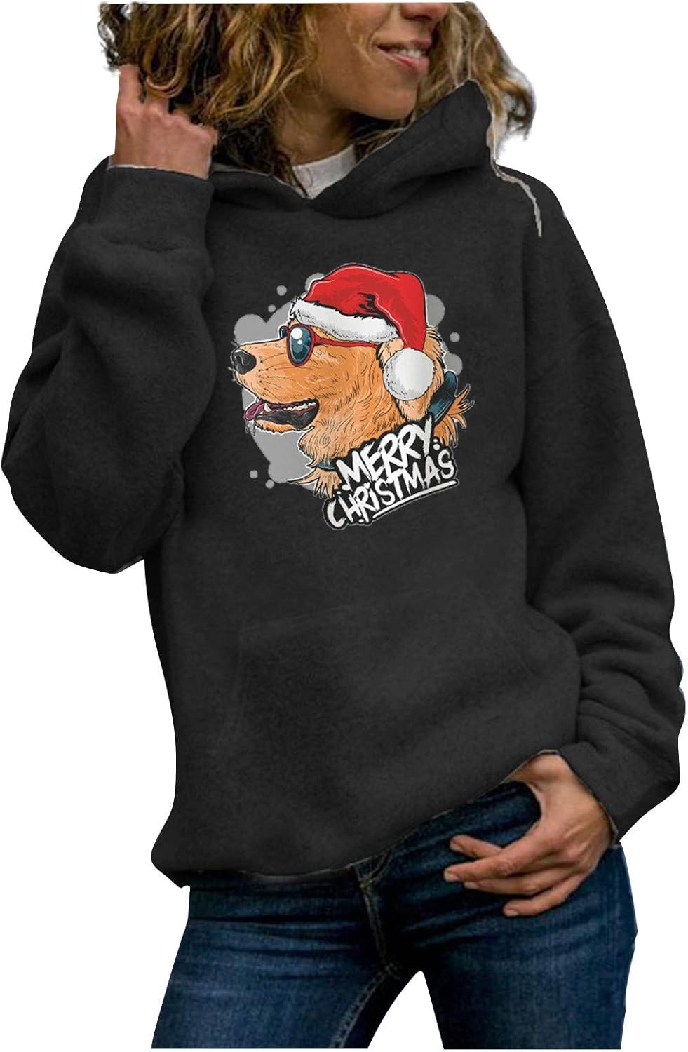 Womens Casual Hoodie Pullover Merry Christmas Dog Printed Long Sleeve