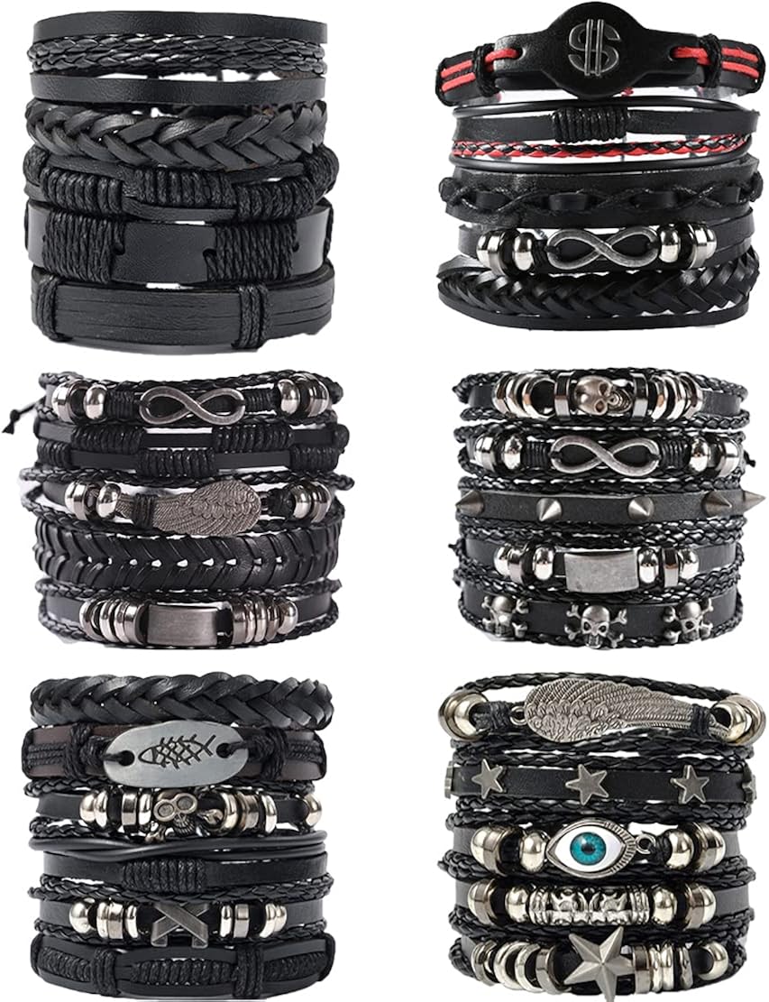 WAINIS 6 Pack Mens Black Leather Bracelets Set for Men Stackable Braided Cuff Bracelet Tribal Punk Rock Handmade Wristband: Jewelry