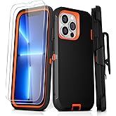 JGS for iPhone 13 Pro Max Case 6.7", Military Grade 3 in 1 Heavy Duty Shockproof/Drop Proof Case with 2 PCS Tempered Glass Screen Protector, Includes Holster Clip Kickstand (Black Orange)