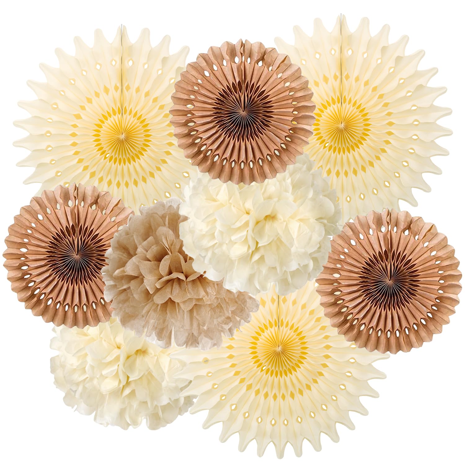 SUNBEAUTY 10 Pcs Brown Party Decorations Rustic Paper Natural Birthday Party Decorations Hanging Lanterns Tissue Paper Pom Poms Cream Folding Fans Kit for Girl Women