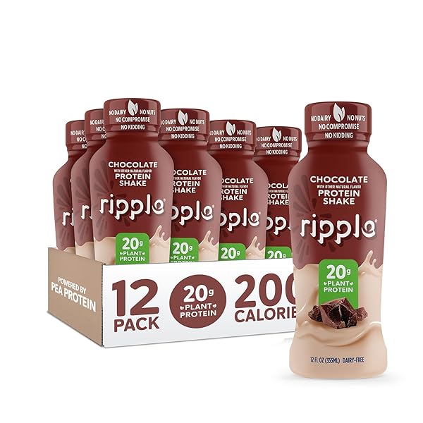 RIPPLE VEGAN PROTEIN SHAKE | CHOCOLATE | 20G NUTRITIOUS PLANT BASED PEA PROTEIN | SHELF STABLE | NO GMOS, SOY, NUT, GLUTEN, LACTOSE | 12 OZ,