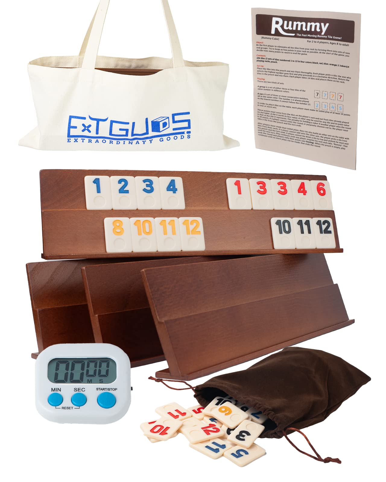 Photo 1 of Extguds Deluxe Rummy Cube Game Set, 106 Tiles Classic Wooden Game, with 4 Handmade Wooden Racks, Portable Canvas Bag, Travel Set