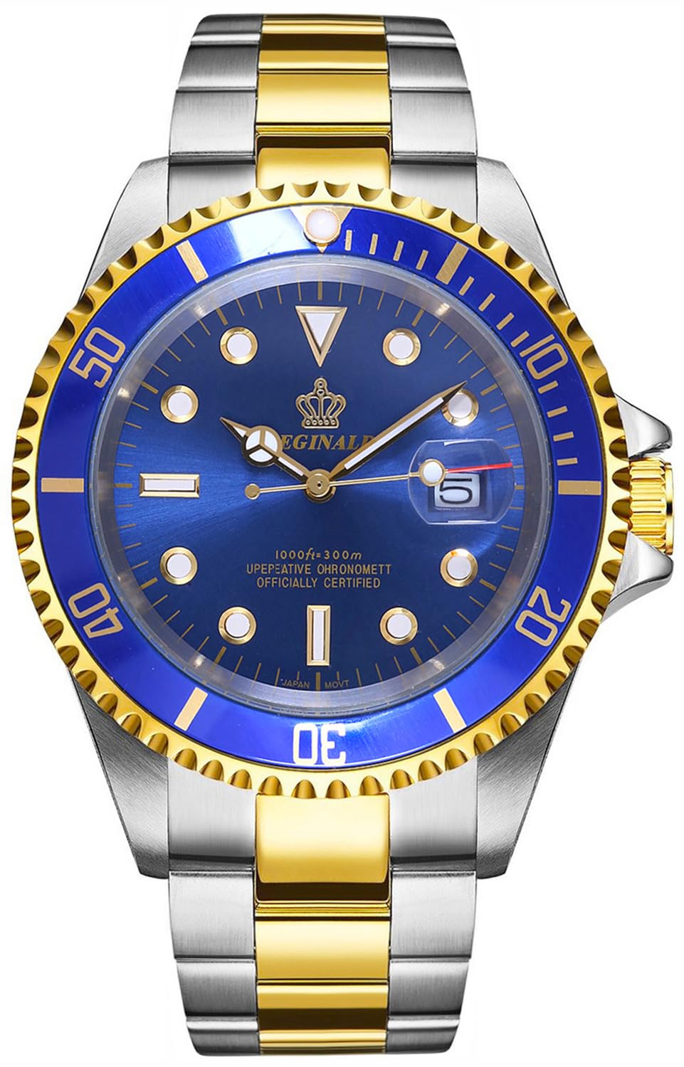 Reginald Men's Watch Luminous Quartz Rotatable Bezel Sapphire Glass Silver Stainless Steel Band and Case Waterproof Sports Black Watch, Gold&Blue, sports