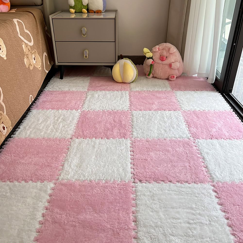Photo 1 of 12 Pcs Plush Foam Interlocking Carpet Tiles,Soft Shaggy Fluffy Floor Area Rugs with Padding,Colorful Floor Protective Mats for Home Kids Room Playroom (White and Pink, 11.8 x 11.8 x 0.39)