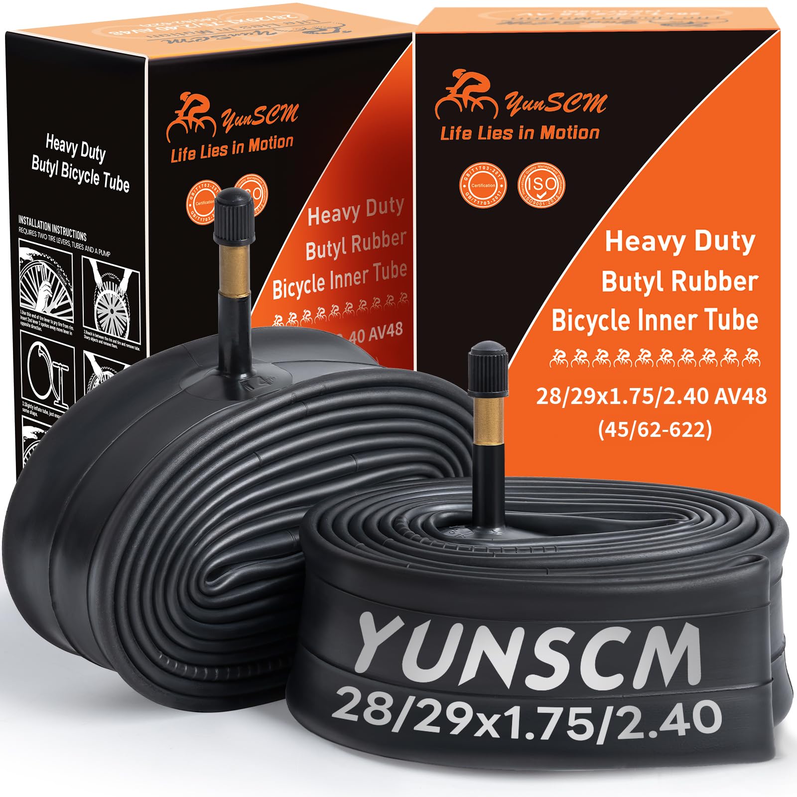 YunSCM 2PCS 28/29" 45/62-622 Heavy Duty Bike Tubes 28/29x1.75 28/29x2.10 28/29x2.25 28/29x2.35 28/29x2.40 AV48mm Schrader Valve Compatible with 28/29x1.75/2.10/2.25/2.35/2.40 Road/MTB Bike Tyre Tube