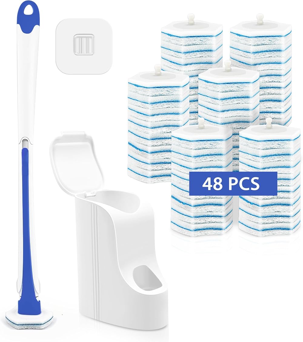 JEHONN Disposable Toilet Brush and Holder Set with 48 Refills Blue