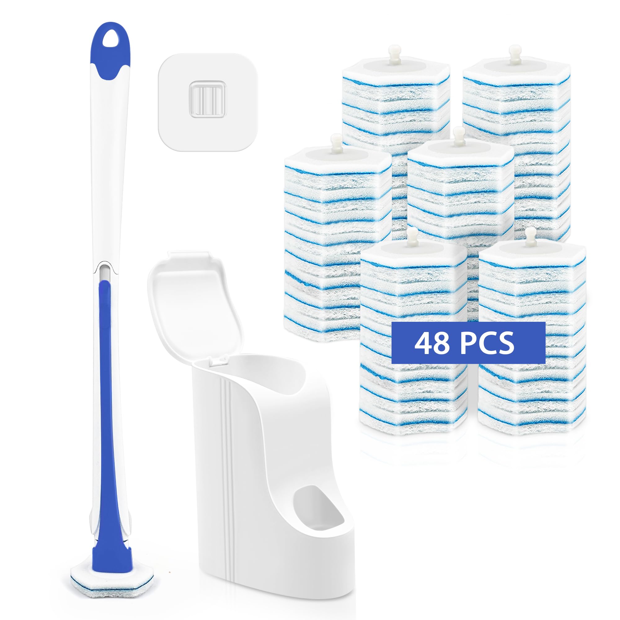 JEHONN Disposable Toilet Brush and Holder Set with 48 Cleaner Refills, Wall Mounted Bathroom Bowl Cleaning Wand System for Bathtub Sink Wash Basin (Blue)