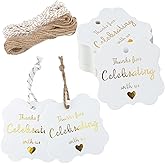 joycraft 100Pcs Thank You for Celebrating with US Tags, Square Gold Foil Tags with String, White Paper Hang Tags, Personalize