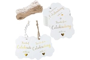 joycraft 100Pcs Thank You for Celebrating with US Tags, Square Gold Foil Tags with String, White Paper Hang Tags, Personalize