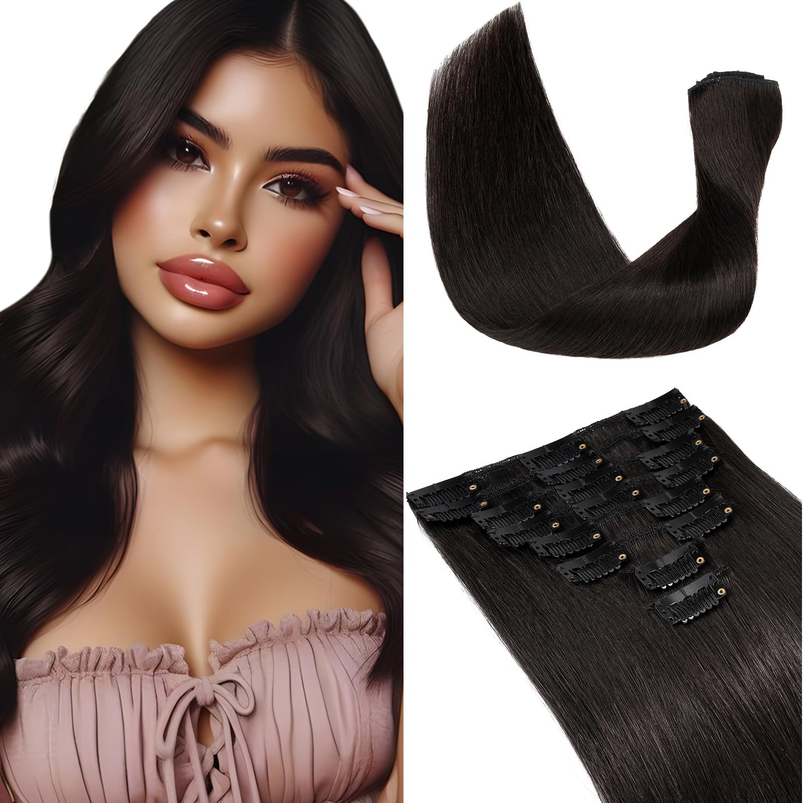 Elailite Clip in Hair Extensions Real Human Hair Invisible Thin Weft - 8 Pieces Full Head Remy Hair Straight - #1B Natural Black - 12 Inch (55 g)