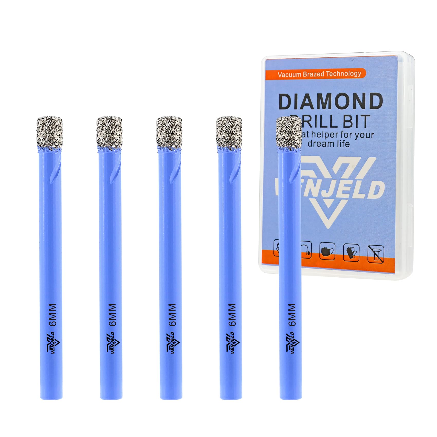 Dry Diamond Drill Bits Set - 6mm 5Pcs Tile Hole Saw Kit for Ceramic Porcelain Tile Marble Granite - Round Shank with Storage Case VENJELD — image 1